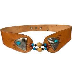 Vintage Wide Tan Leather Boho Western Beaded Belt Turquoise Accent Adjustable